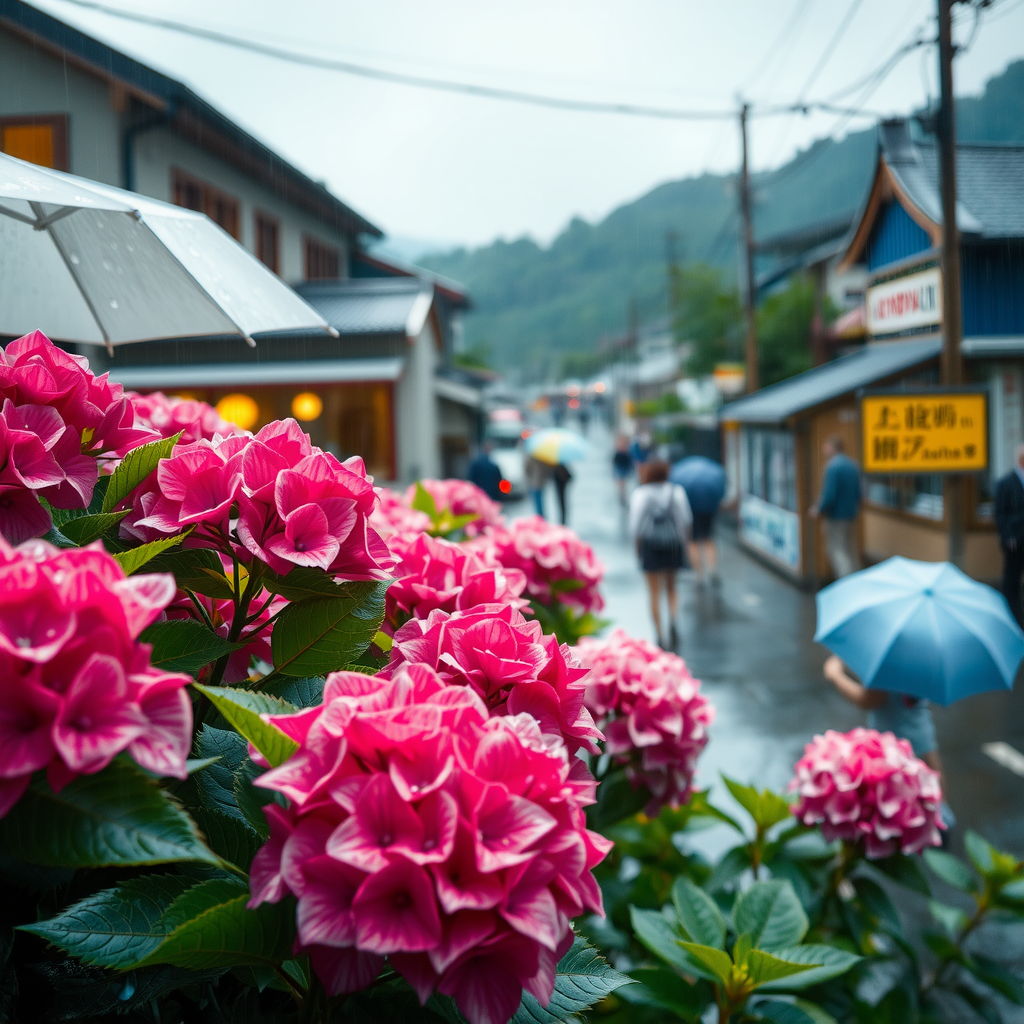 日本の梅雨シーズンの風景、雨に濡れた紫陽花と傘を持つ人々、しっとりとした街並み