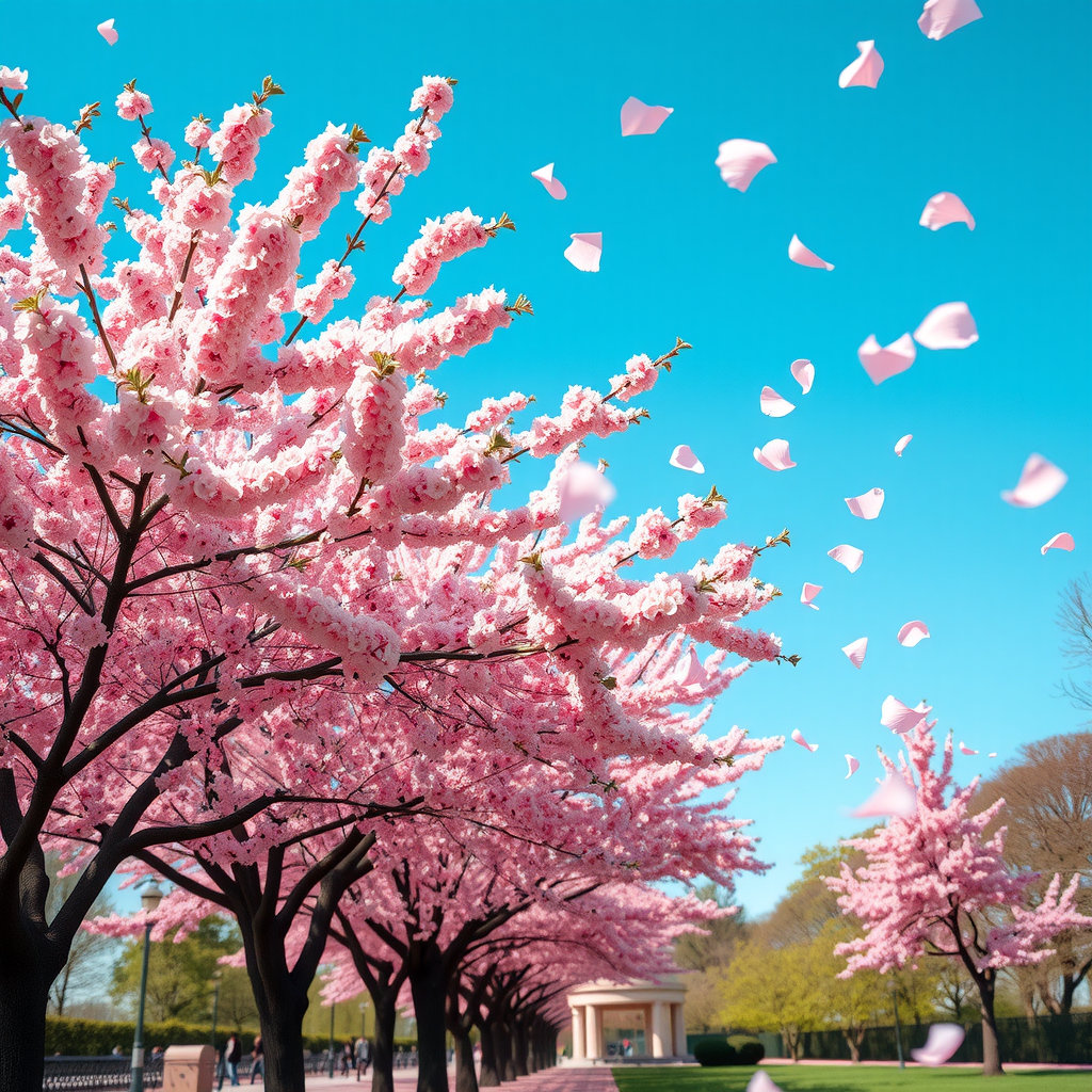満開の桜の木々、ピンク色の花びらが舞う公園、青空と温かな春の日差し