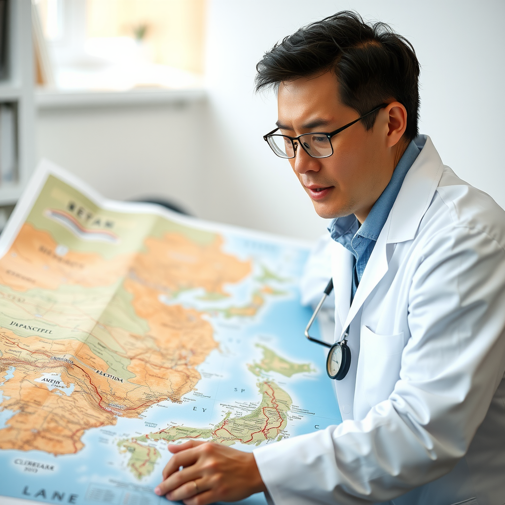 地域気候専門家。日本地図と地域別の気候データを確認している様子